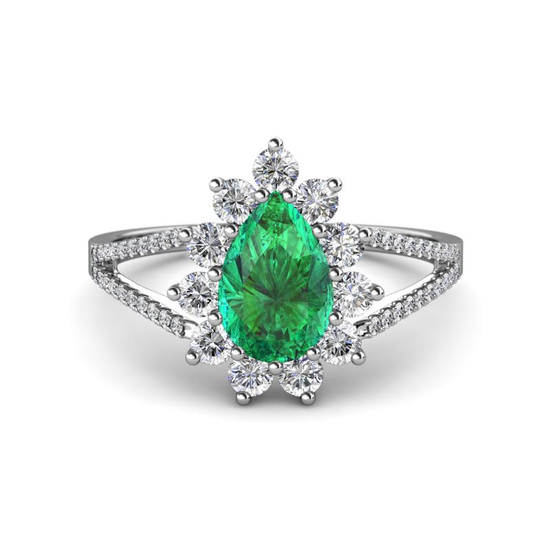 Helena Rainbow Pear Cut Lab Created Emerald and Round Diamond Split Shank Halo Engagement Ring 
