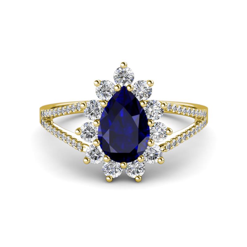Helena Rainbow Pear Cut Lab Created Blue Sapphire and Round Diamond Split Shank Halo Engagement Ring 