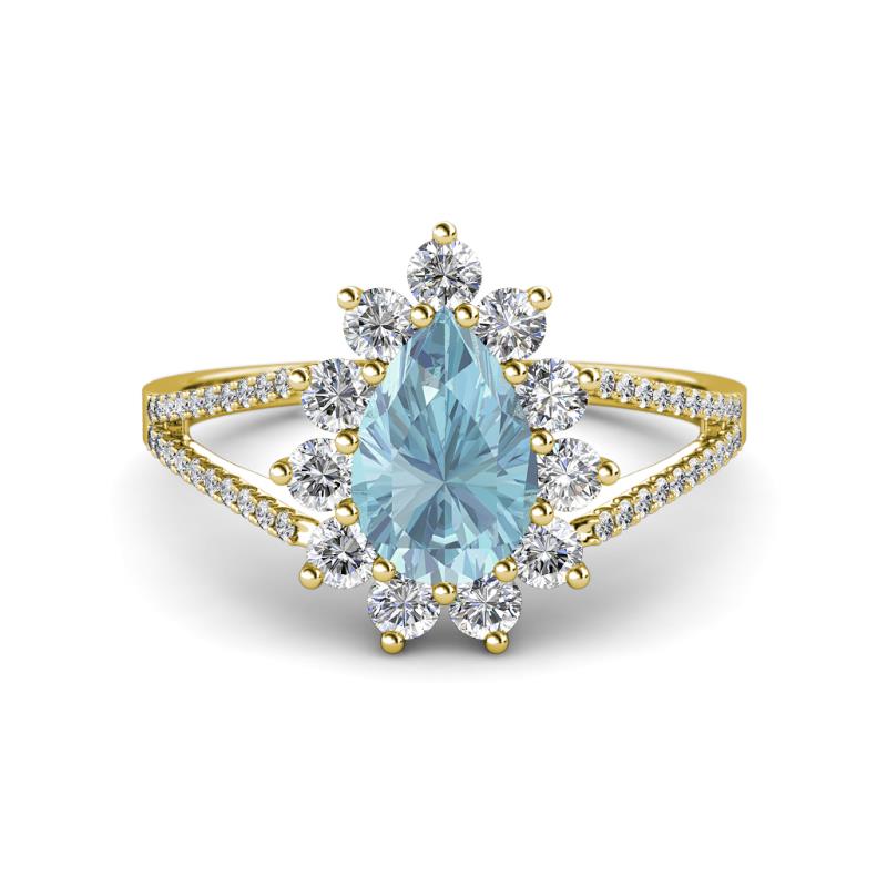 Helena Rainbow Pear Cut Aquamarine and Round Diamond Split Shank Halo Engagement Ring 