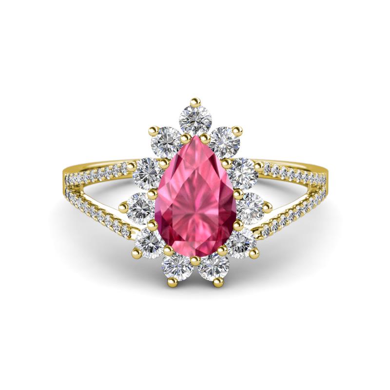 Helena Rainbow Pear Cut Pink Tourmaline and Round Diamond Split Shank Halo Engagement Ring 