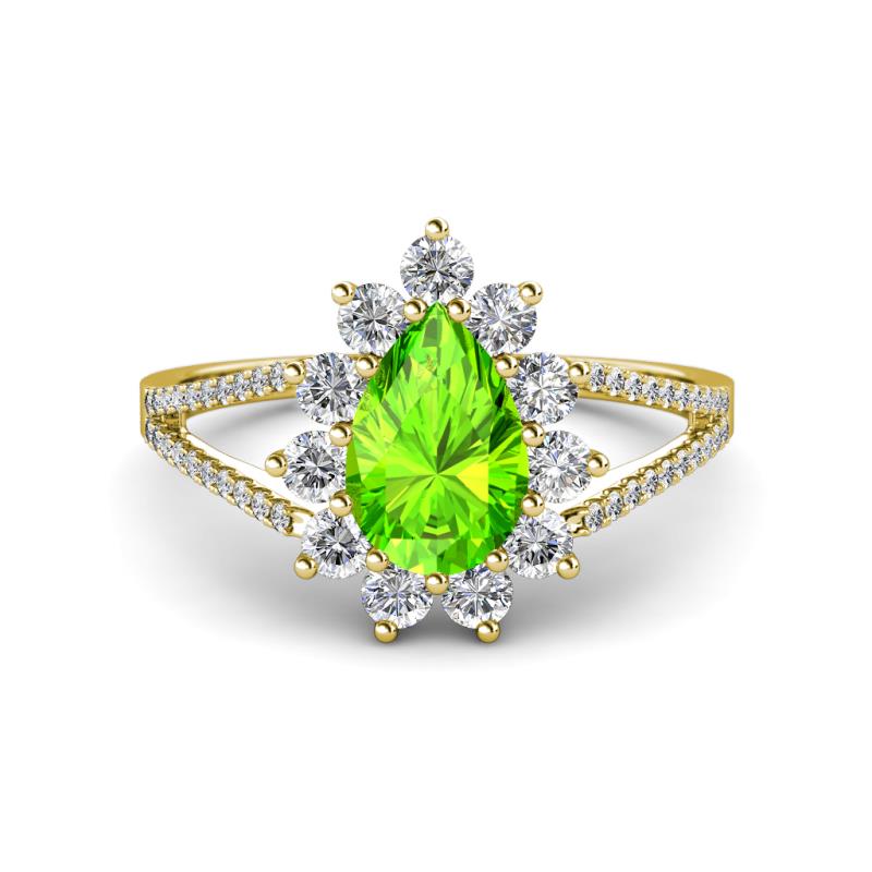 Helena Rainbow Pear Cut Peridot and Round Diamond Split Shank Halo Engagement Ring 