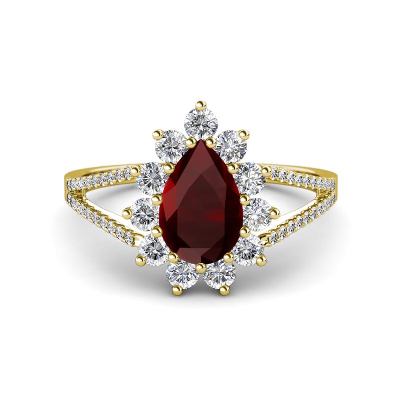 Helena Rainbow Pear Cut Red Garnet and Round Diamond Split Shank Halo Engagement Ring 