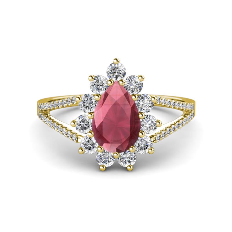 Helena Rainbow Pear Cut Rhodolite Garnet and Round Diamond Split Shank Halo Engagement Ring 