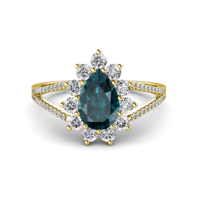 Helena Rainbow Pear Cut London Blue Topaz and Round Diamond Split Shank Halo Engagement Ring 