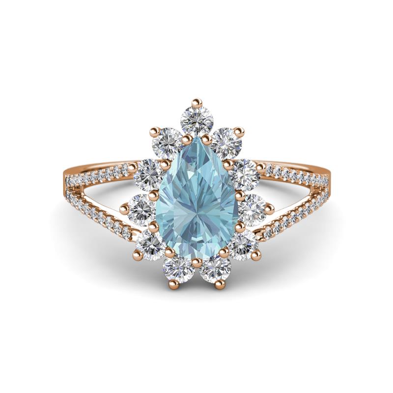 Helena Rainbow Pear Cut Aquamarine and Round Diamond Split Shank Halo Engagement Ring 