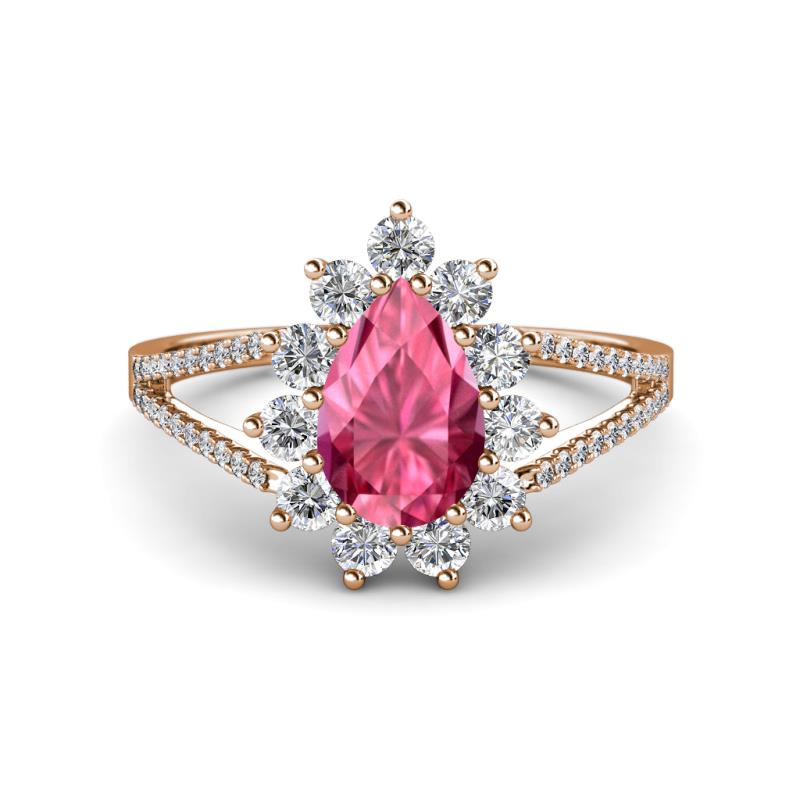 Helena Rainbow Pear Cut Pink Tourmaline and Round Diamond Split Shank Halo Engagement Ring 