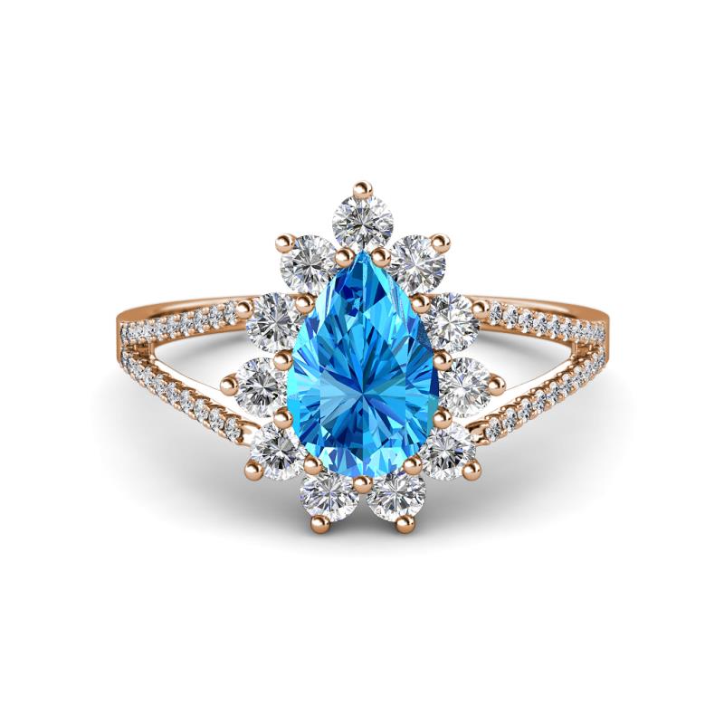 Helena Rainbow Pear Cut Blue Topaz and Round Diamond Split Shank Halo Engagement Ring 