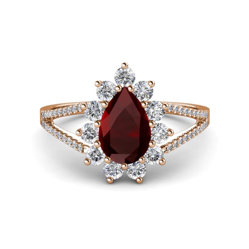 Helena Rainbow Pear Cut Red Garnet and Round Diamond Split Shank Halo Engagement Ring 