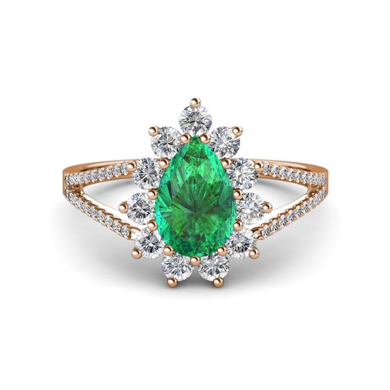 Helena Rainbow Pear Cut Lab Created Emerald and Round Diamond Split Shank Halo Engagement Ring 