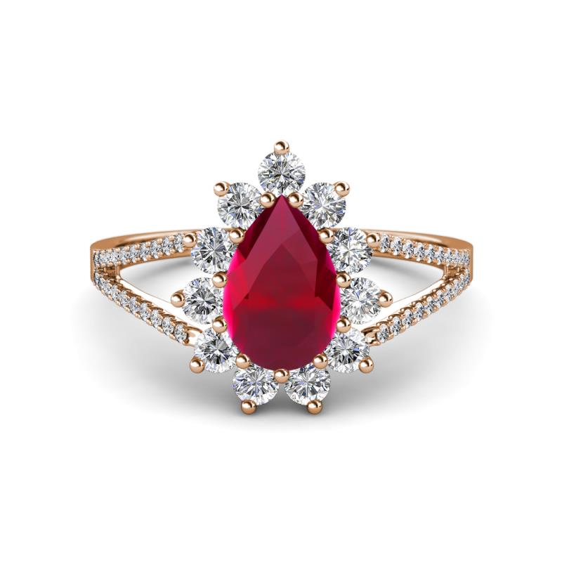 Helena Rainbow Pear Cut Lab Created Ruby and Round Diamond Split Shank Halo Engagement Ring 