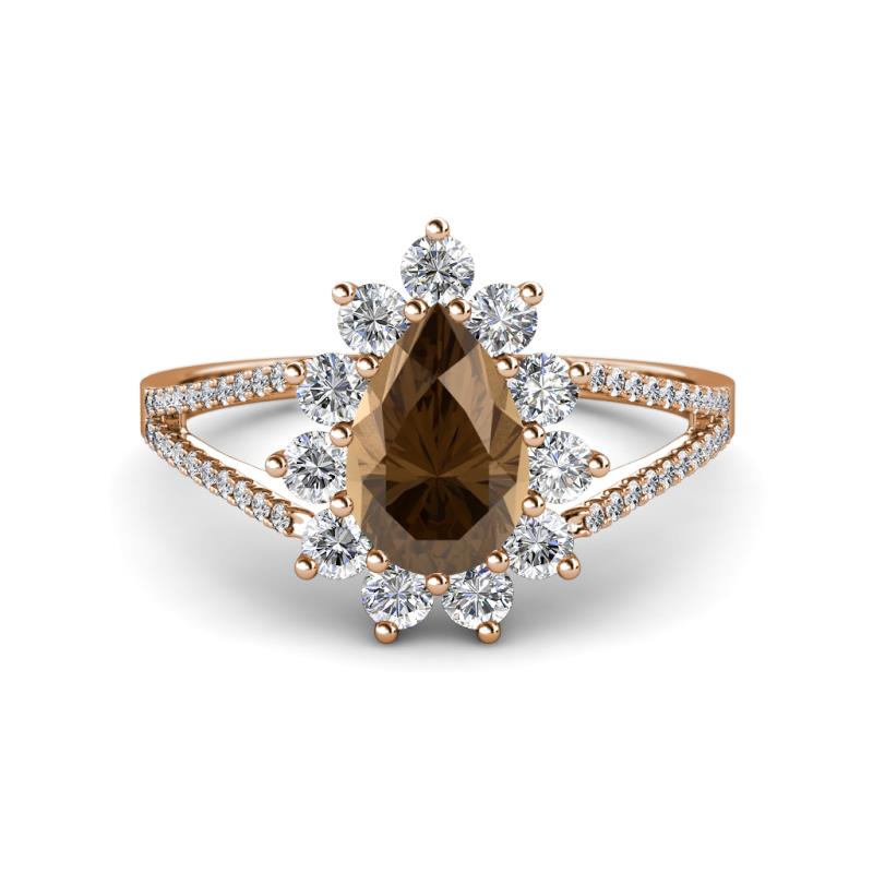 Helena Rainbow Pear Cut Smoky Quartz and Round Diamond Split Shank Halo Engagement Ring 