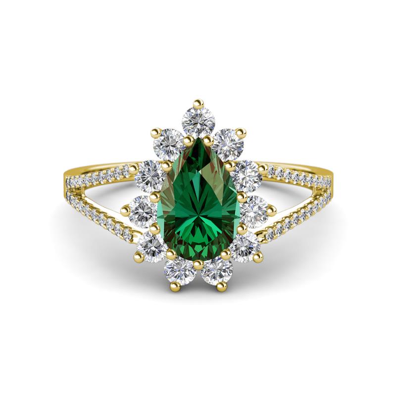 Helena Rainbow Pear Cut Lab Created Alexandrite and Round Diamond Split Shank Halo Engagement Ring 