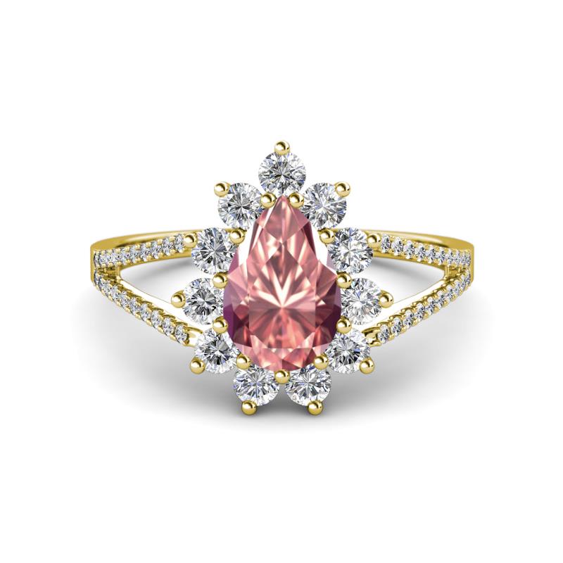 Helena Rainbow Pear Cut Morganite and Round Diamond Split Shank Halo Engagement Ring 