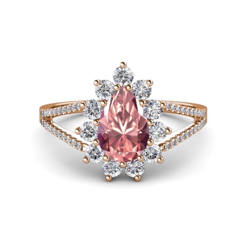 Helena Rainbow Pear Cut Morganite and Round Diamond Split Shank Halo Engagement Ring 