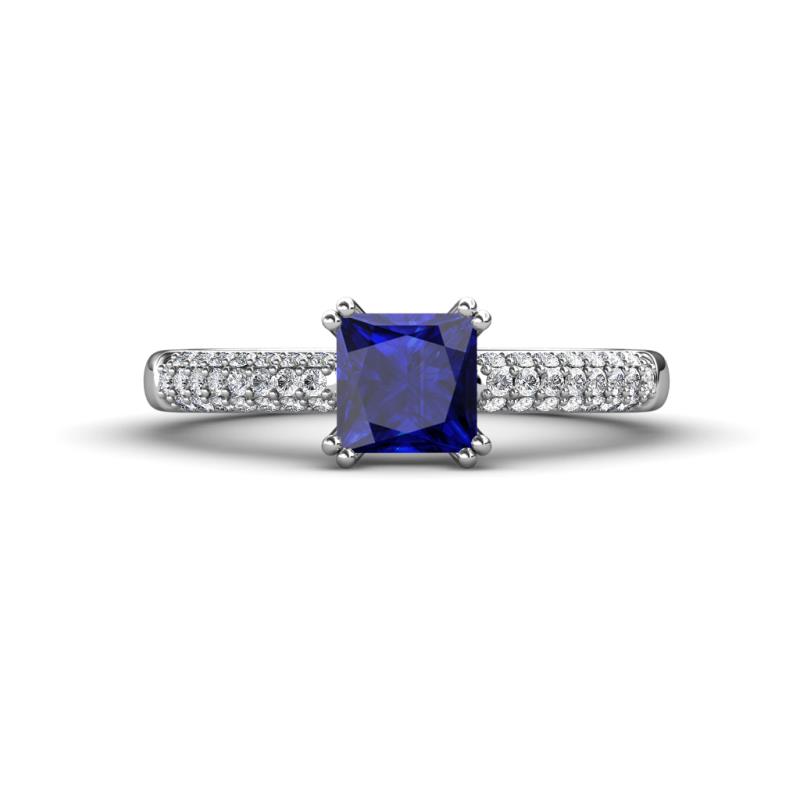 Serina Classic Princess Cut Lab Created Blue Sapphire and Round Diamond 3 Row Micro Pave Shank Engagement Ring 