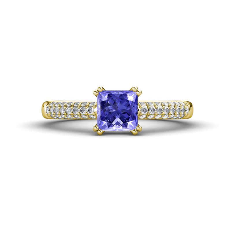 Serina Classic Princess Cut Tanzanite and Round Diamond 3 Row Micro Pave Shank Engagement Ring 