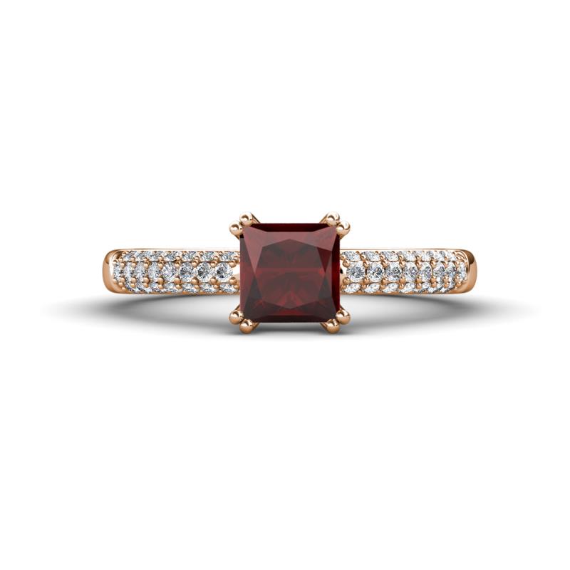 Serina Classic Princess Cut Red Garnet and Round Diamond 3 Row Micro Pave Shank Engagement Ring 