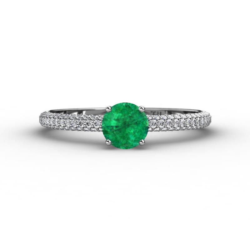 Edith Classic Round Emerald and Diamond 3 Row Micro Pave Shank Engagement Ring 