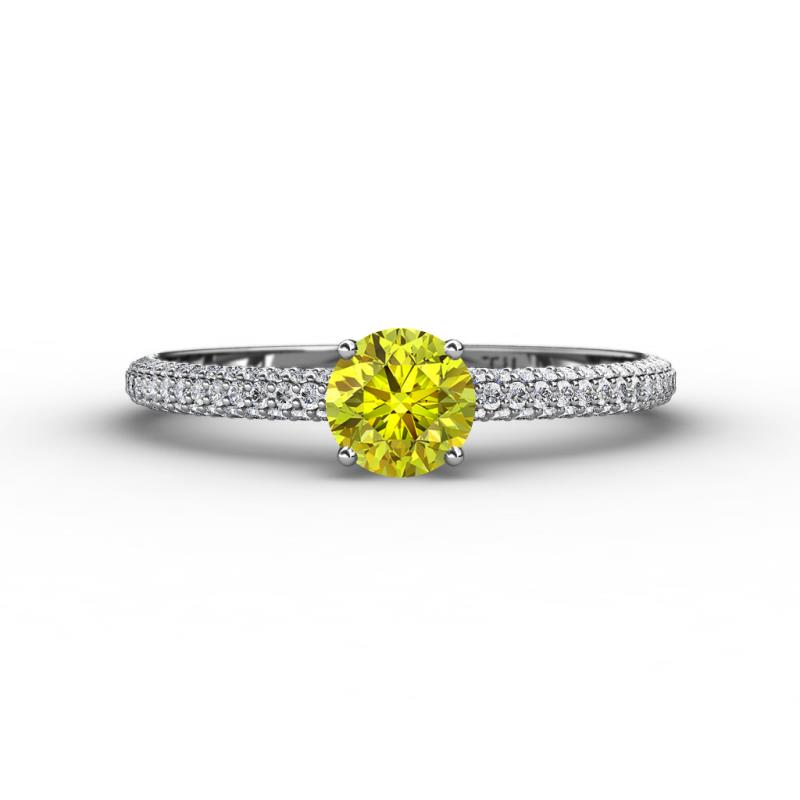 Edith Classic Round Yellow and White Diamond 3 Row Micro Pave Shank Engagement Ring 
