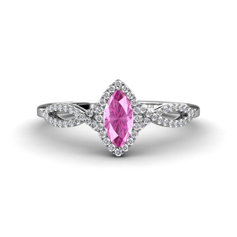 Samara Rainbow Marquise Cut Pink Sapphire and Round Diamond Infinity Halo Engagement Ring 