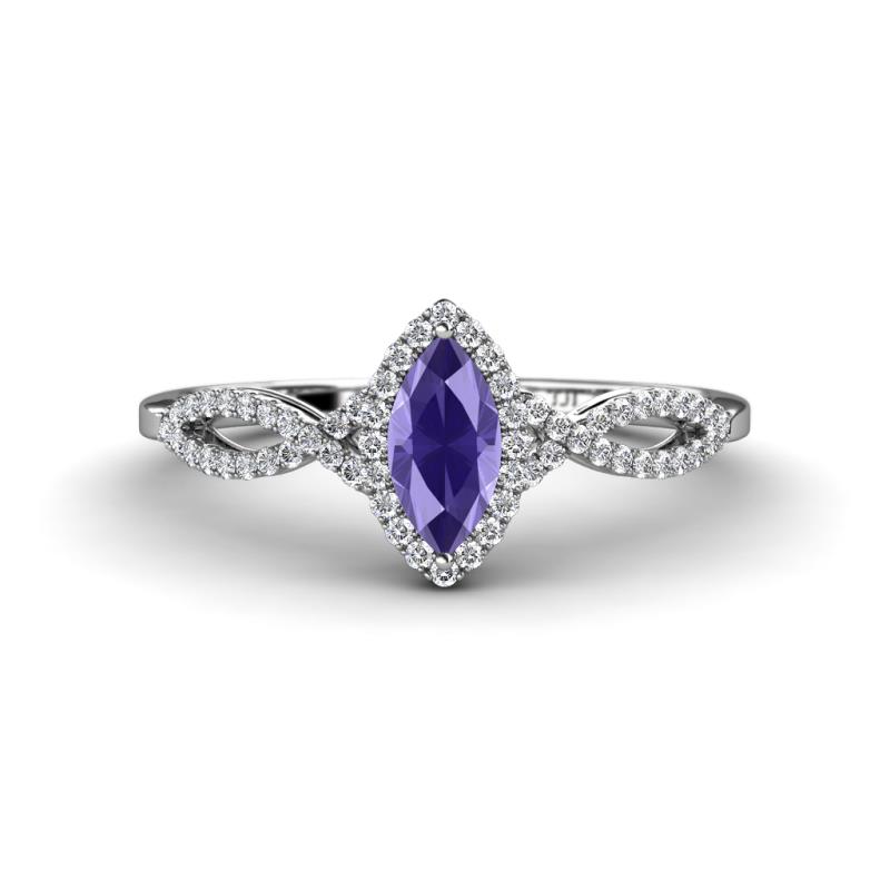 Samara Rainbow Marquise Cut Iolite and Round Diamond Infinity Halo Engagement Ring 