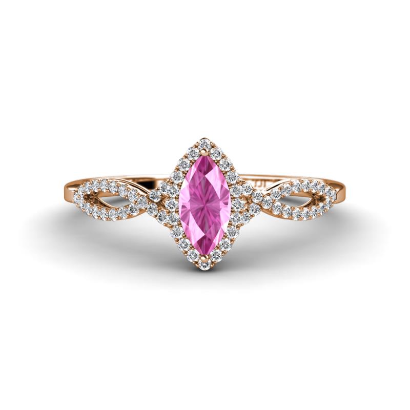 Samara Rainbow Marquise Cut Pink Sapphire and Round Diamond Infinity Halo Engagement Ring 
