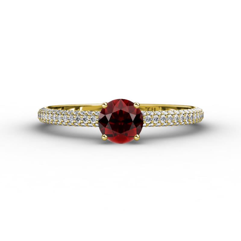 Edith Classic Round Red Garnet and Lab Grown Diamond 3 Row Micro Pave Shank Engagement Ring 