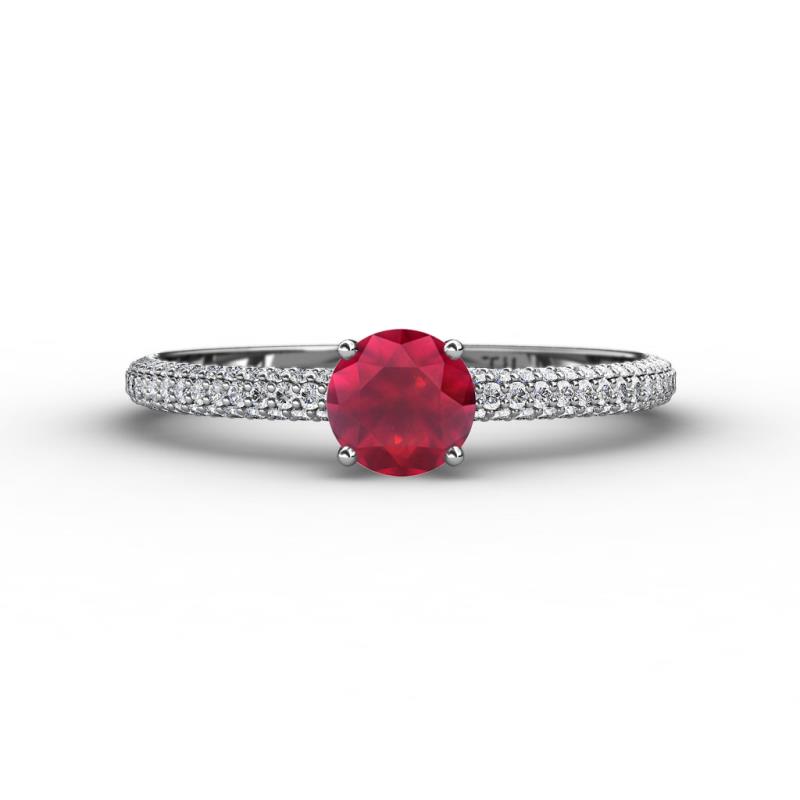 Edith Classic Round Ruby and Lab Grown Diamond 3 Row Micro Pave Shank Engagement Ring 