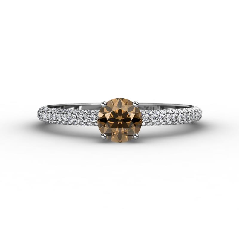 Edith Classic Round Smoky Quartz and Lab Grown Diamond 3 Row Micro Pave Shank Engagement Ring 