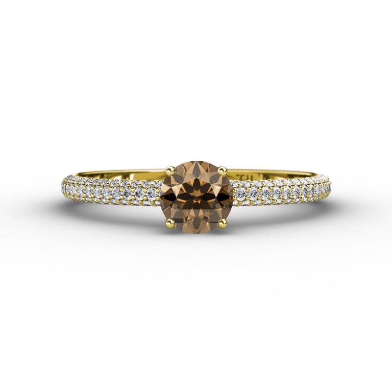Edith Classic Round Smoky Quartz and Lab Grown Diamond 3 Row Micro Pave Shank Engagement Ring 