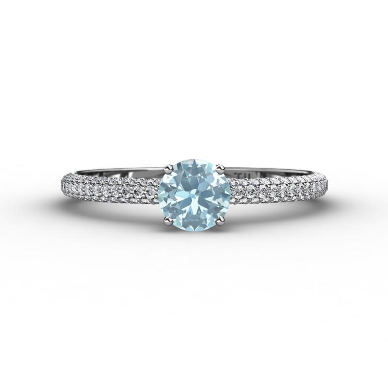 Edith Classic Round Aquamarine and Lab Grown Diamond 3 Row Micro Pave Shank Engagement Ring 