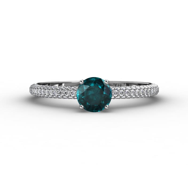 Edith Classic Round London Blue Topaz and Lab Grown Diamond 3 Row Micro Pave Shank Engagement Ring 