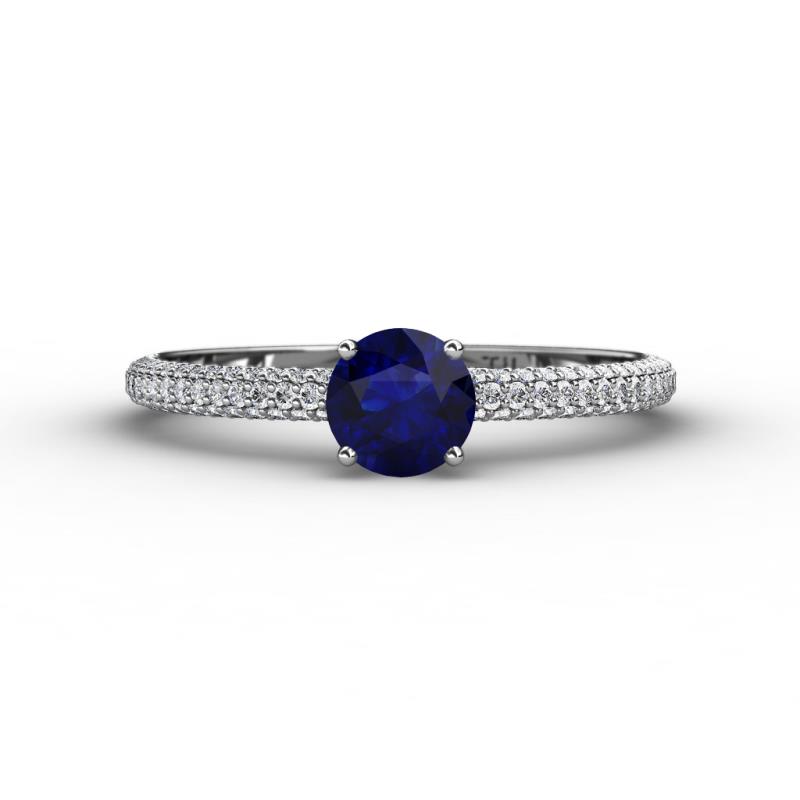 Edith Classic Round Blue Sapphire and Lab Grown Diamond 3 Row Micro Pave Shank Engagement Ring 