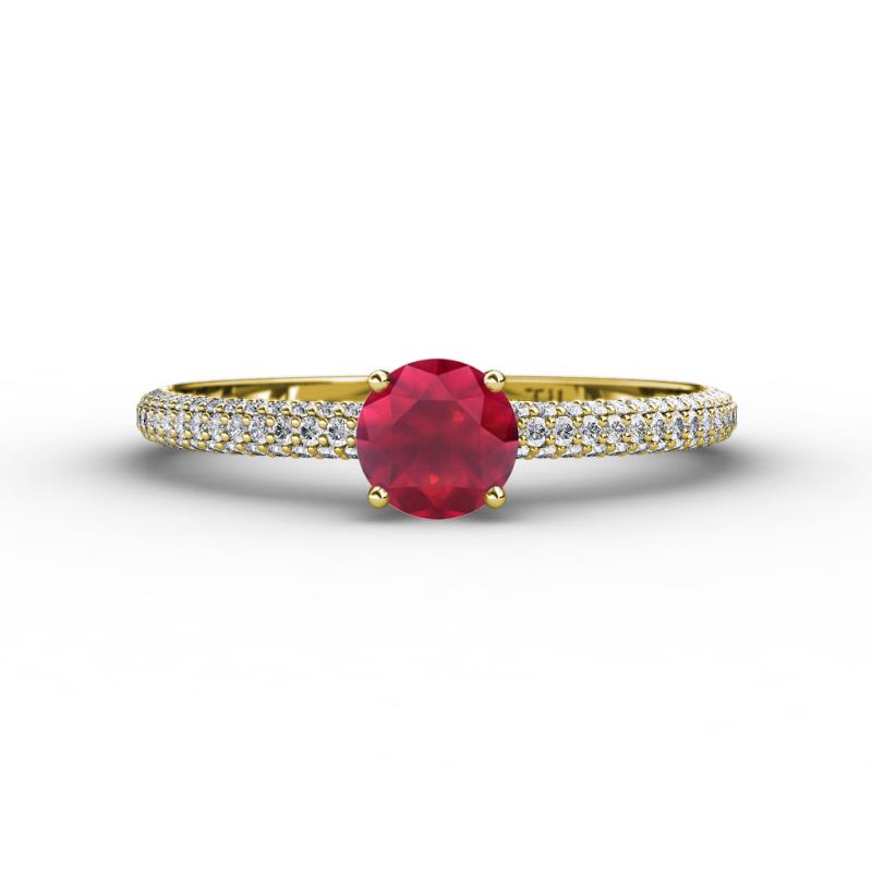 Edith Classic Round Ruby and Lab Grown Diamond 3 Row Micro Pave Shank Engagement Ring 