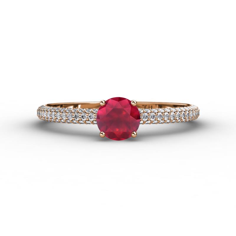 Edith Classic Round Ruby and Lab Grown Diamond 3 Row Micro Pave Shank Engagement Ring 