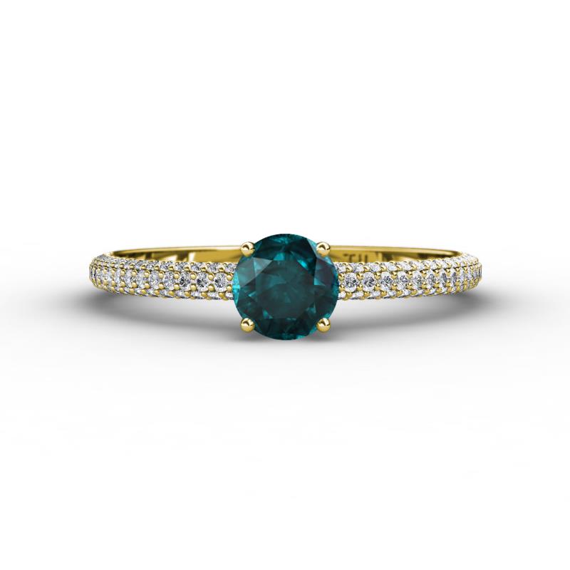 Edith Classic Round London Blue Topaz and Lab Grown Diamond 3 Row Micro Pave Shank Engagement Ring 