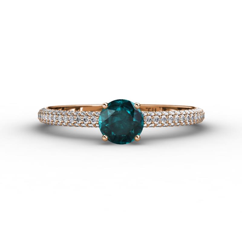 Edith Classic Round London Blue Topaz and Lab Grown Diamond 3 Row Micro Pave Shank Engagement Ring 