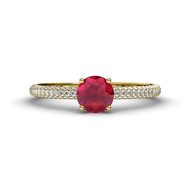 Serina Classic Round Ruby and Lab Grown Diamond 3 Row Micro Pave Shank Engagement Ring 