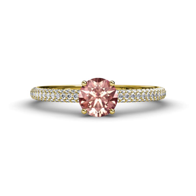 Serina Classic Round Morganite and Lab Grown Diamond 3 Row Micro Pave Shank Engagement Ring 