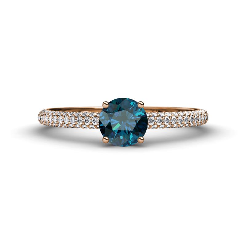 Serina Classic Round Blue Diamond and White Lab Grown Diamond 3 Row Micro Pave Shank Engagement Ring 