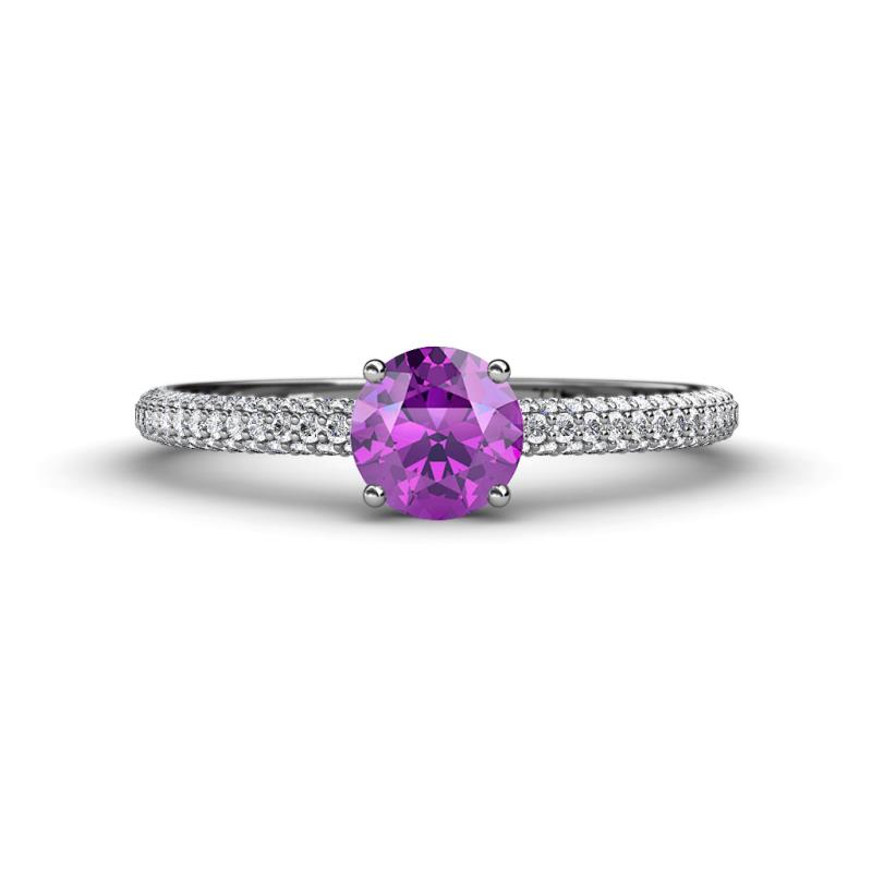 Serina Classic Round Amethyst and Lab Grown Diamond 3 Row Micro Pave Shank Engagement Ring 