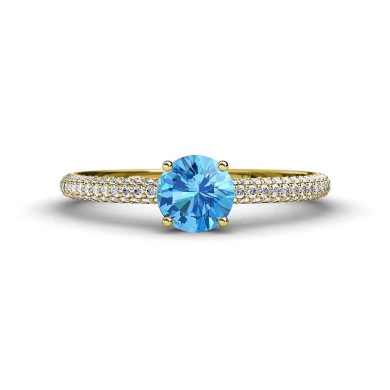 Serina Classic Round Blue Topaz and Lab Grown Diamond 3 Row Micro Pave Shank Engagement Ring 