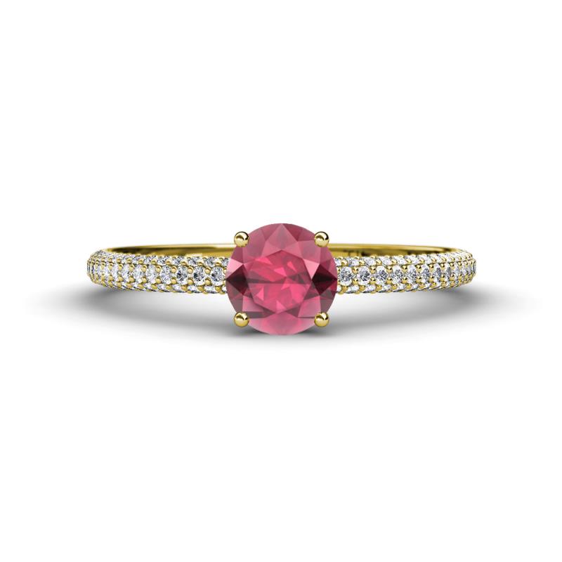 Serina Classic Round Rhodolite Garnet and Lab Grown Diamond 3 Row Micro Pave Shank Engagement Ring 