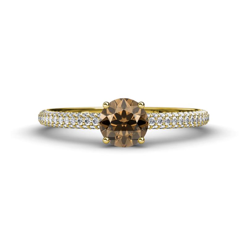 Serina Classic Round Smoky Quartz and Lab Grown Diamond 3 Row Micro Pave Shank Engagement Ring 