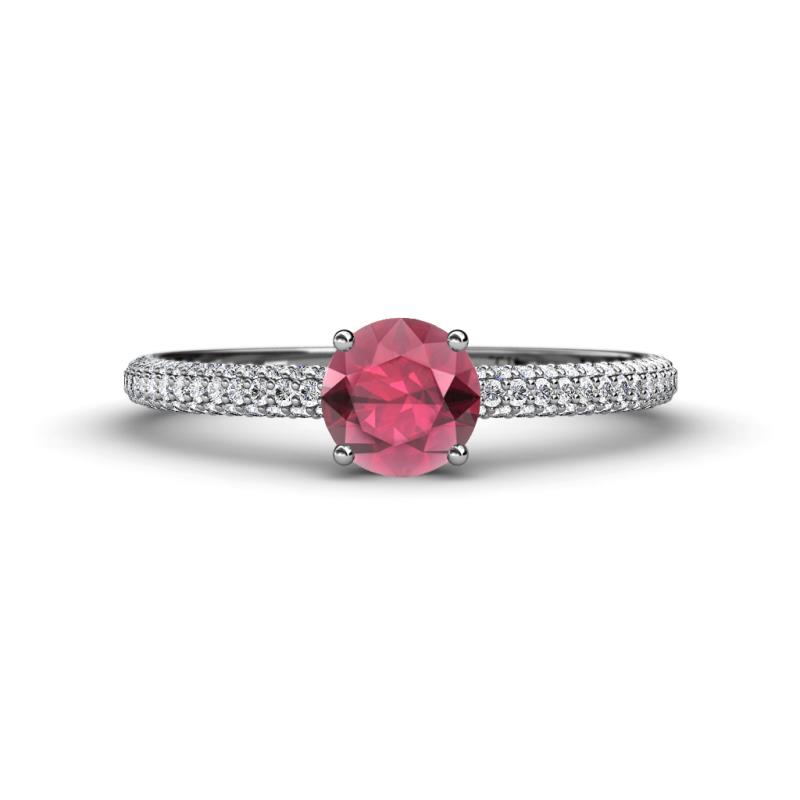 Serina Classic Round Rhodolite Garnet and Lab Grown Diamond 3 Row Micro Pave Shank Engagement Ring 
