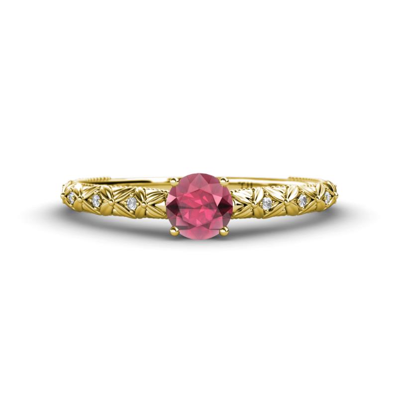 Daisy Classic Round Rhodolite Garnet and Lab Grown Diamond Floral Engraved Engagement Ring 