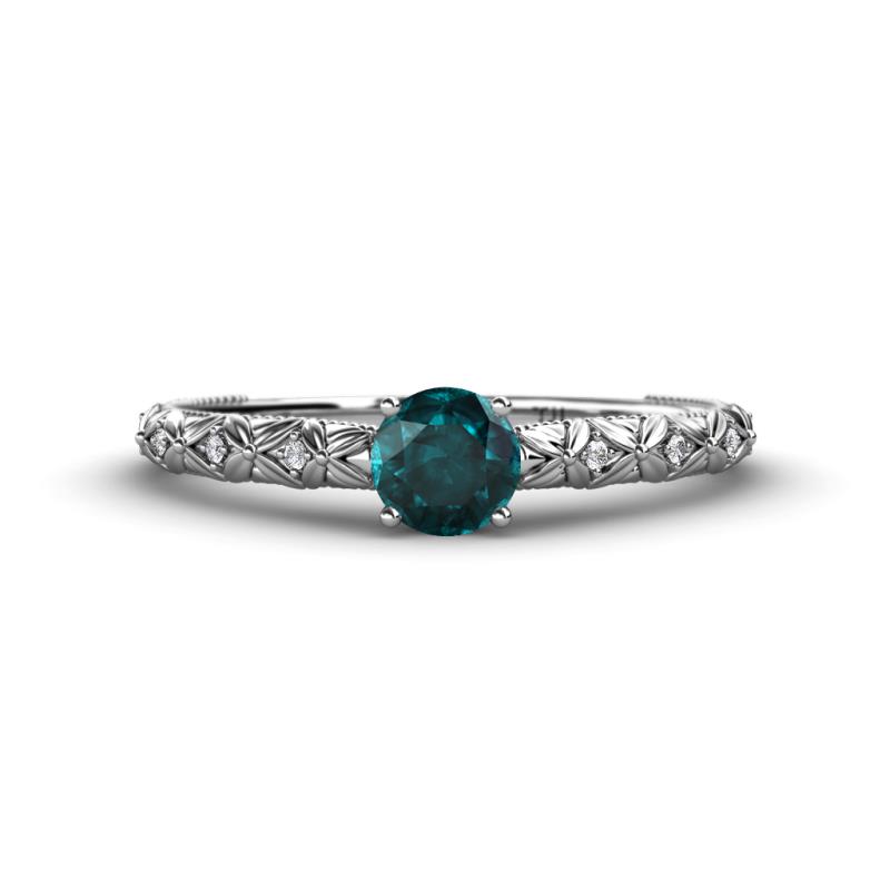 Daisy Classic Round London Blue Topaz and Lab Grown Diamond Floral Engraved Engagement Ring 