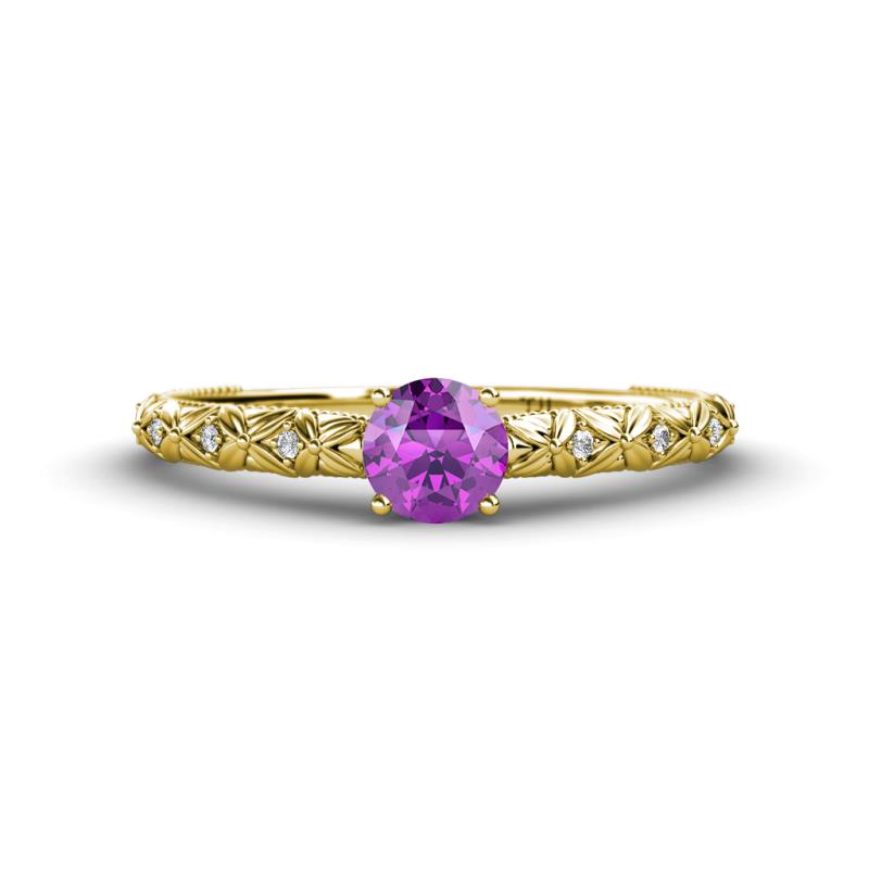 Daisy Classic Round Amethyst and Lab Grown Diamond Floral Engraved Engagement Ring 
