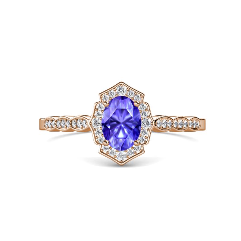 Flora Desire Oval Cut Tanzanite and Round Lab Grown Diamond Vintage Scallop Halo Engagement Ring 