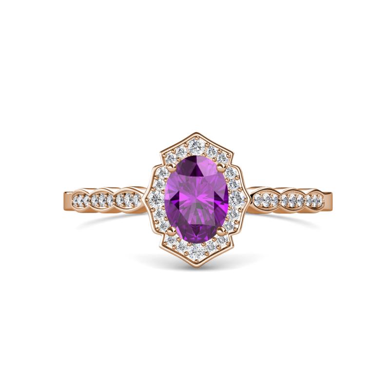 Flora Desire Oval Cut Amethyst and Round Lab Grown Diamond Vintage Scallop Halo Engagement Ring 